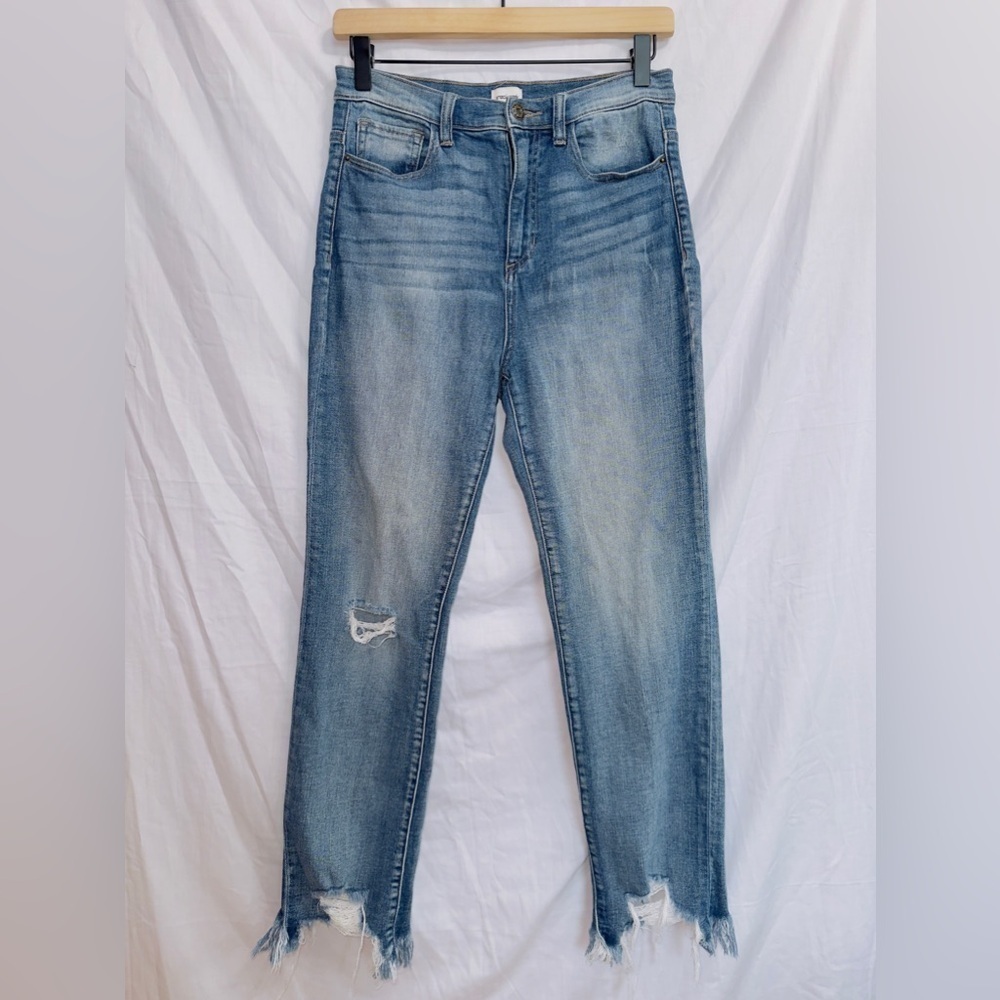 Sneak Peek Medium Wash Denim High Waisted Frayed Hem Ankle Crop Jeans size 7
